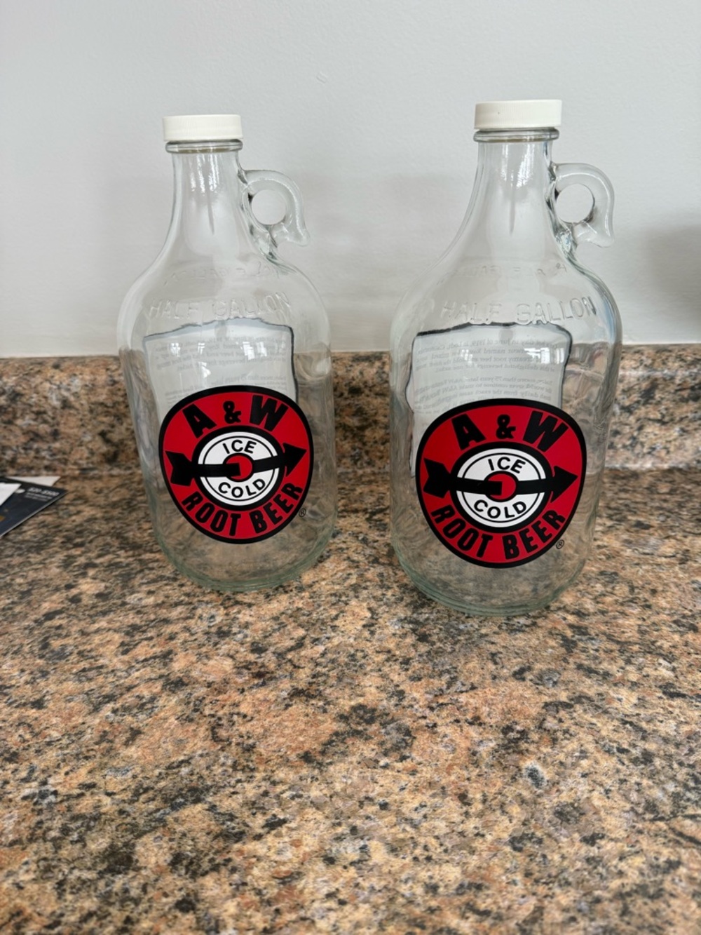 VINTAGE A&W ROOT BEER 1/2 GALLON GLASS BOTTLE JUG RING HANDLE NECK